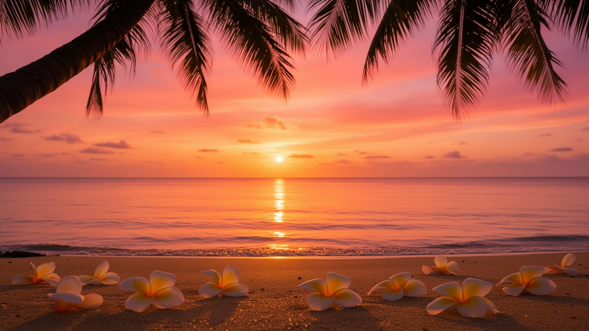 Beach sunset with palm silhouettes and glowing tones